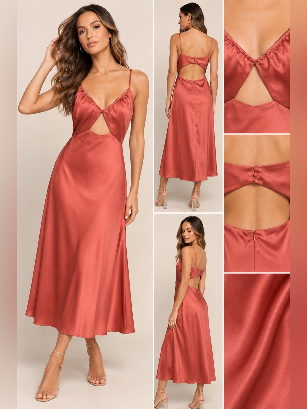 Petal + Pup Poppy Cut Out Satin Midi Dress Rust Size L NWT